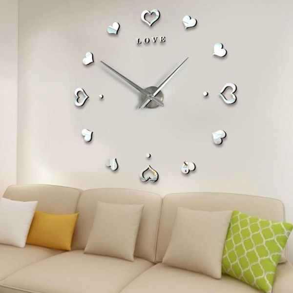 Wanduhren 3D-Uhr Moderne DIY Herzform Aufkleber Zuhause Wohnzimmer 70-120 cm Silber Schwarz Dekor