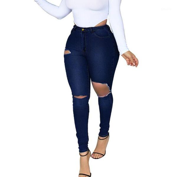 

women's jeans women distressed fashion knee hollow out skinny ripped lady casual high waist denim pencil pants jeansy damskie, Blue