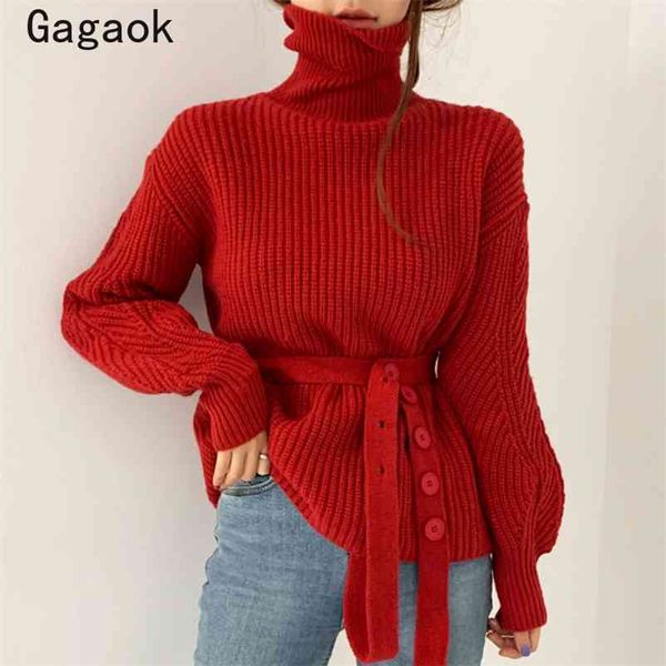 

sweater women spring autumn turtleneck full office lady solid sashes knitted sweaters slim korean chic pullovers 210531, White;black
