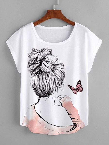 

figure & butterfly print tee e41w#, White
