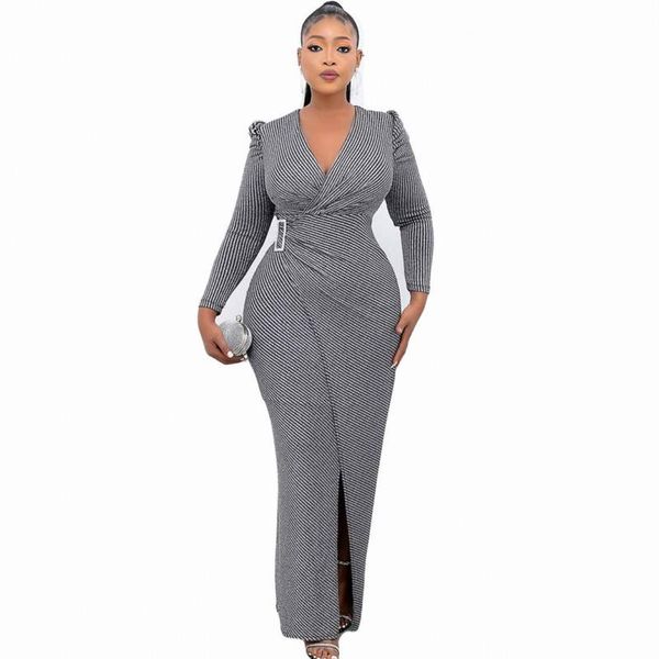 

ethnic clothing african long dresses for women v neck puff sleeve corset robes autumn fashion striped print formal office lady dress, Red
