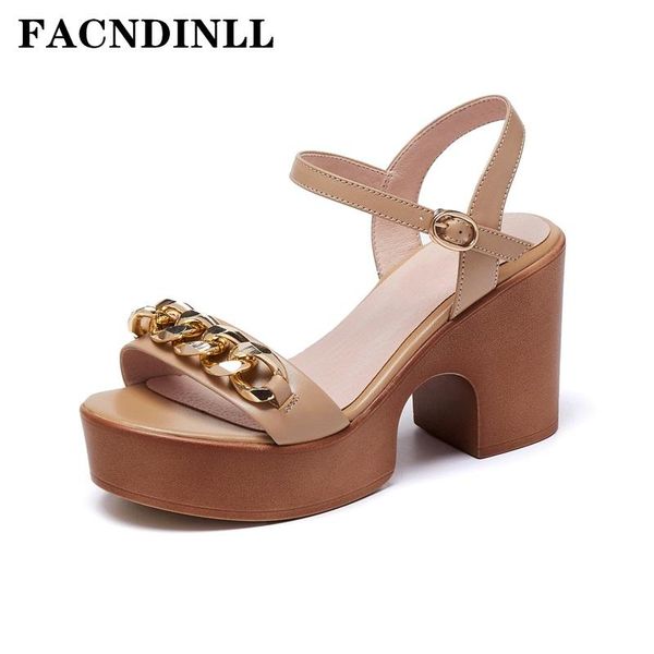 

sandals genuine cow leather women 2021 summer high heels platform apricot brown dress party office lady modern 34-39, Black