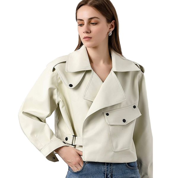 

2021 spring autumn women faux jacket new fashion ladies turn down collar loose biker moto short leather coat outwear qpnz, Black