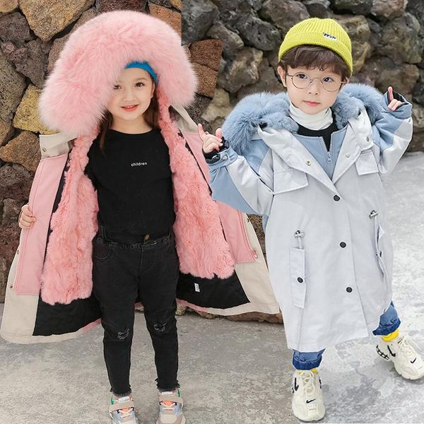

jackets 2021 hooded warm boy coats winter fur baby girl jacket fashion children outerwear long thick windproof kids parka clothes, Blue;gray