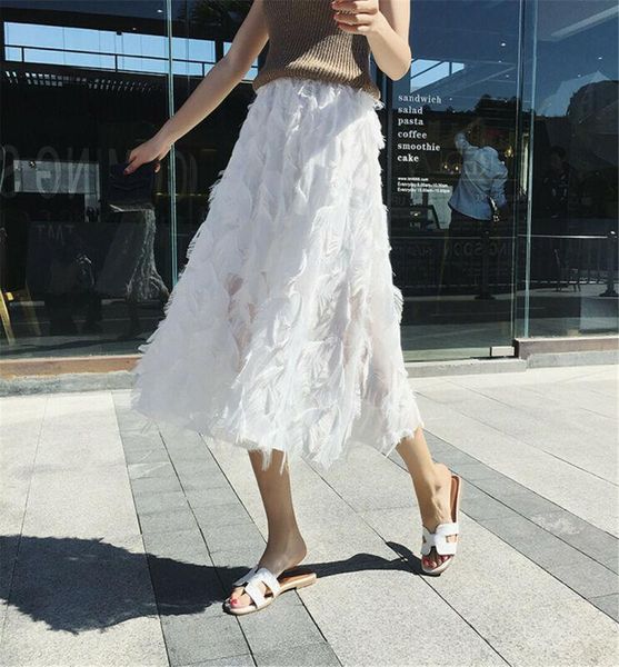 

skirts summer womens ladies elastic high waist mesh feather tassel tulle tutu skirt layered pleated dress, Black