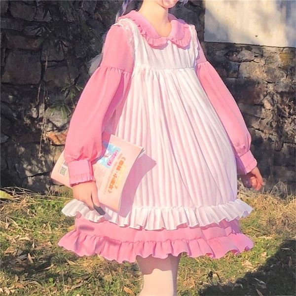 

casual dresses japanese sweet cute kawaii girls lolita dress princess maid vintage ruffles puff sleeve red black 2021, Black;gray