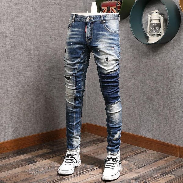 

men's jeans men's blue patchwork ripped men streetwear colored dots printed slim fit pencil pants cotton denim trousers