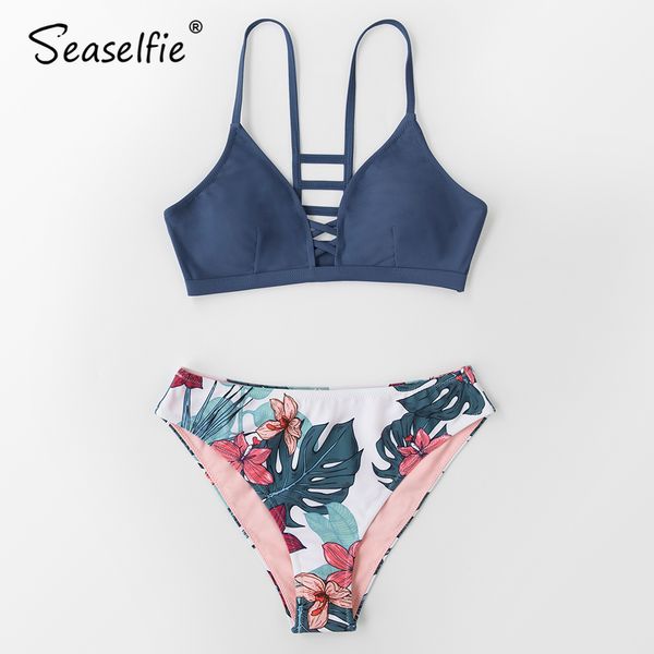 Seaselfie Marinha e Floral Strappy Bikini Sets Mulheres Sexy Tank Top Dois Peças Swimsuits 2021 Meninas Suites de Natação Biquini 210305
