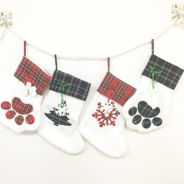 

christmas stocking pet cat paw sock cotton red grid stockings xmas tree hanging pendent children candy gift bag