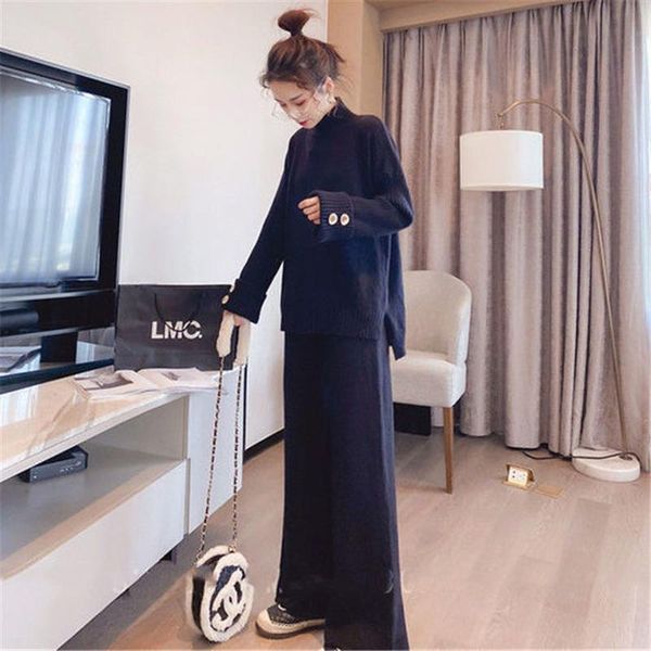 

women's two piece pants women suit knitted 2 pieces set tracksuits autumn thick warm turtleneck loose sweater+wide-legged cashmere, White