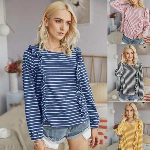 

women's t-shirt women casual round neck lotus leaf striped long-sleeve, White