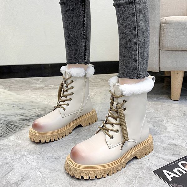 

2021 new lace up chunky motorcycle woman warm short plush ankle boots for women waterproof pu leather winter bota omir, Black