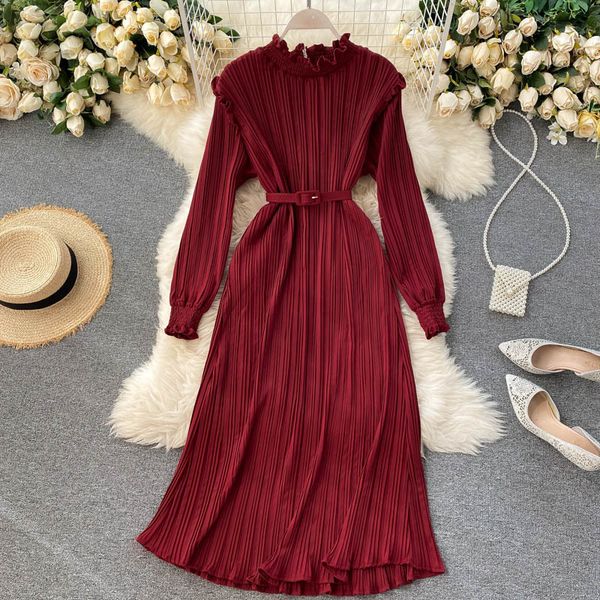 

spring autumn women pleated chiffon vintage stand collar long sleeve draped vestidos female fashion robe with sashes 2021 18q7, Black;gray