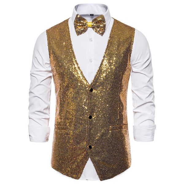 

men's vests shiny gold sequin glitter dress waistcoat men slim fit v neck mens vest single breasted wedding party stage prom costume gi, Black;white