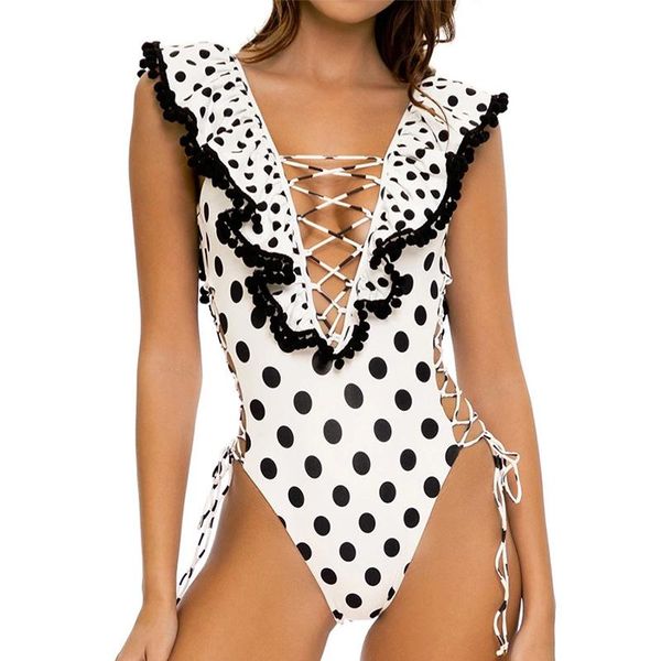

one-piece suits dot print one piece swimsuit 2021 bikini ruffle swimwear hollow out swimsuits women bathing suit beachwear biquini monokini