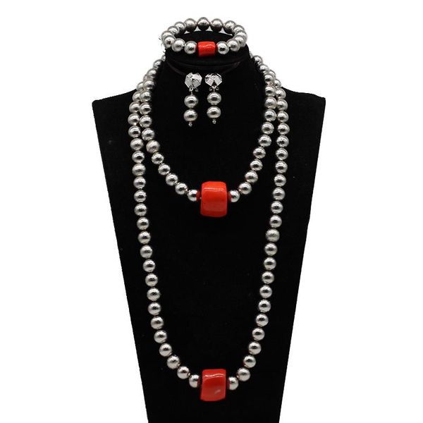Серьги Ожерелье Африканские бусины Свадебные украшения Установите красный коралловый подвесной браслет невесты ручной работы HXO231