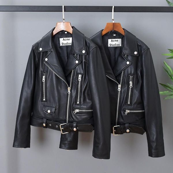 

women's leather & faux vintage sheepskin clothes lambskin locomotive long sleeve coats han banchao, Black
