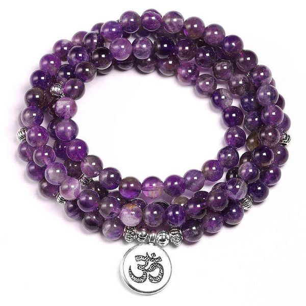 

natural purple crystal amethysts bracelet 6mm beads necklace yoga 108 mala stone for women lotus energy jewelry, Golden;silver