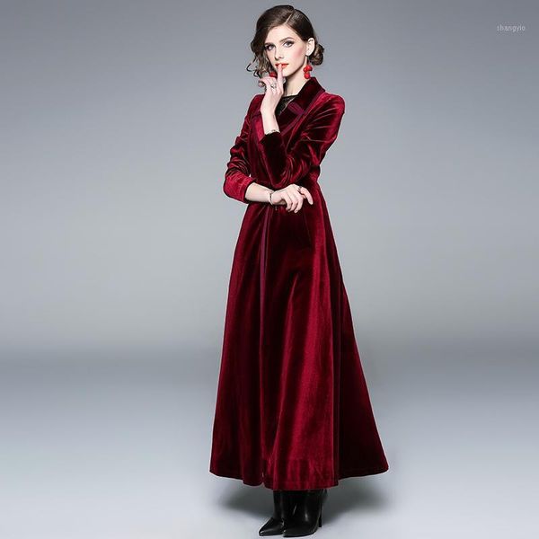 

new 2019 winter runway designer women vintage notched collar wrap black velvet maxi coat thick warm long trench coat outwear1, Tan;black