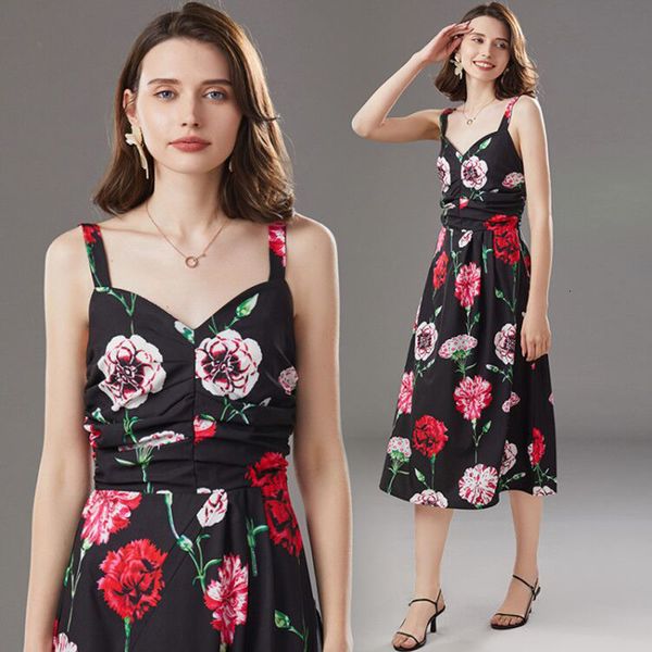 

2021 new fashion runway carnation flower summer women's spaghetti strap print vacation draped elegant midi vestidos hfck, Black;gray