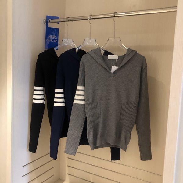 

tb 21ss early autumn new version four bar hooded long sleeve knitted slim fitting hoodie pullover sweater, White;black