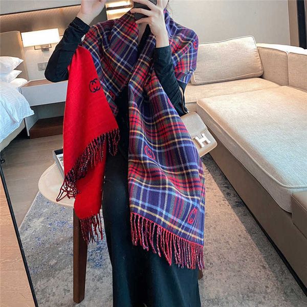 

korean autumn and plaid women's winter versatile warm fashion double-sided cashmere imitation student scarf shawl, Blue;gray