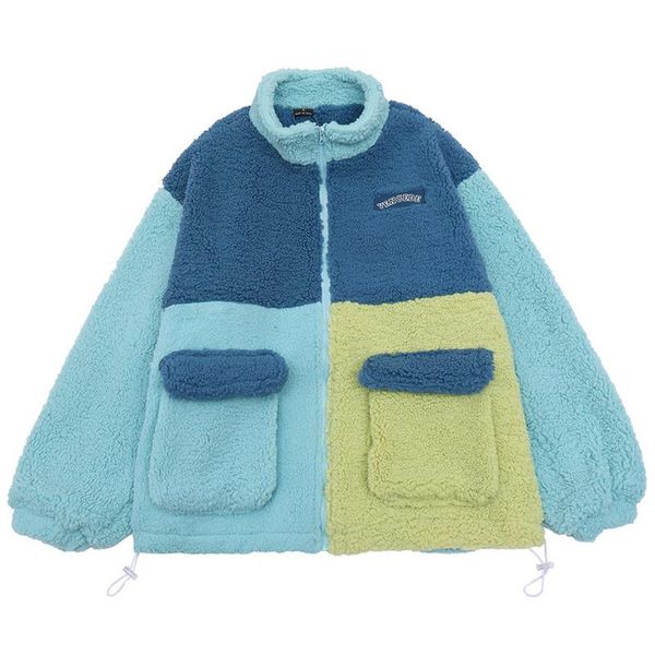 

men's jackets men patchwork thick warm padded harajuku fleece parka coat oversized streetwear couple color block woolen, Black;brown