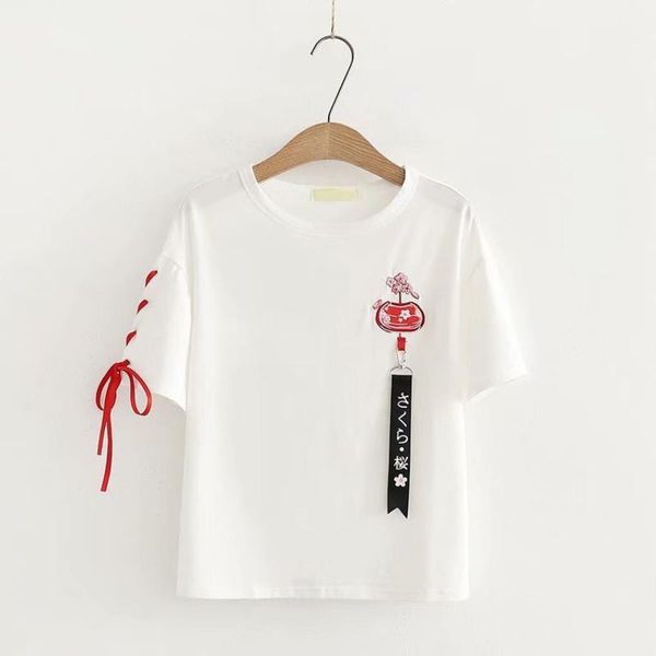 

women's t-shirt japanese harajuku cute graphic teen girl tee shirts women summer vintage floral lace up white mori kawaii ribbon t shi