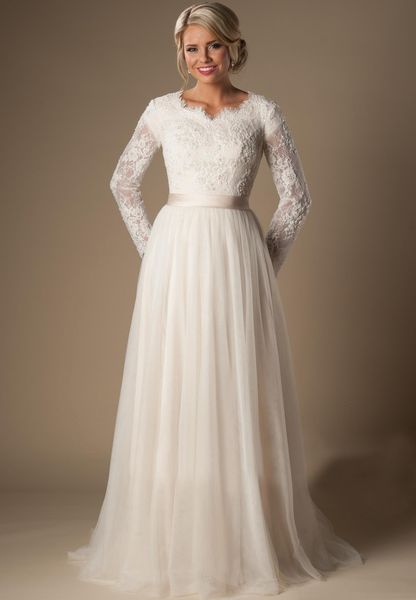 

modest 2021 new a-line lace tulle arabic dubai wedding es long v-neck sheer sleeves trains buttons back bridal gown 77vp, White