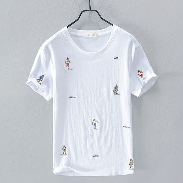 

2021 new cartoon embroidery stitching short-sleeved linen t-shirt brand fashion white t shirt for men casual breathable tshirt mens zoft, White;black