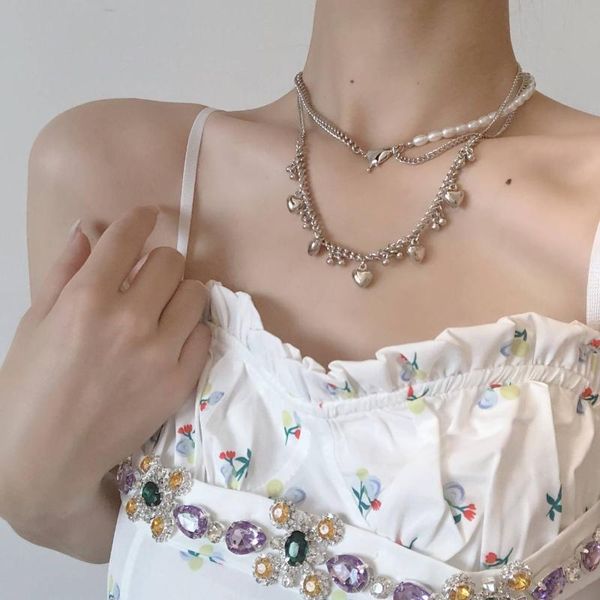 

chokers silver color necklace hip-hop sweater chain love pendant long multi-layer necklaces for women fashion jewelry, Golden;silver