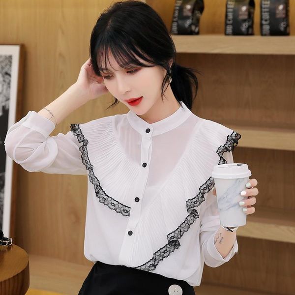 

women's blouses & shirts spring 2021 blouse lace chiffon long sleeve o neck bottoming shirt fashion blusas, White
