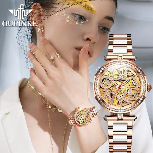 

wristwatches oupinke women watch set waterproof automatic mechanical female ceramic gift for, Slivery;brown