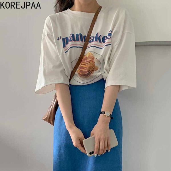 

korejpaa women sets summer korean chic all-match round neck letter printing loose t-shirt high-waisted straight skirt suits 210526, White