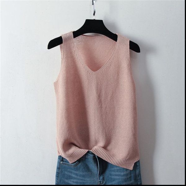 

2021 summer sleeveless knit tank women rib vest ice silk female elasticity casual loose thin camisole v neck split, White