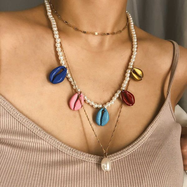 

new personalized pearl multi-layer colorful shell handmade beaded clavicle necklace for women, Silver
