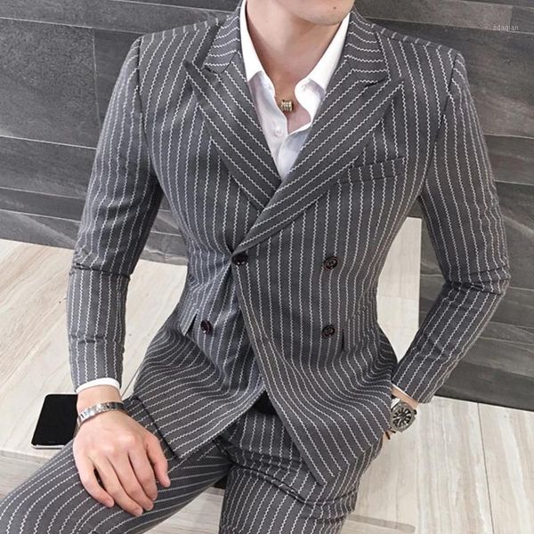 

men's suits & blazers male blazer double-breasted suit fashion striped groom wedding tuxedo for men casual business 3 pieces, White;black