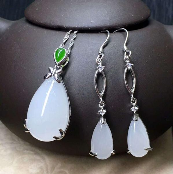 

bracelet, earrings & necklace hetian baiyu silver inlay set white jade two-piece h7#, Black