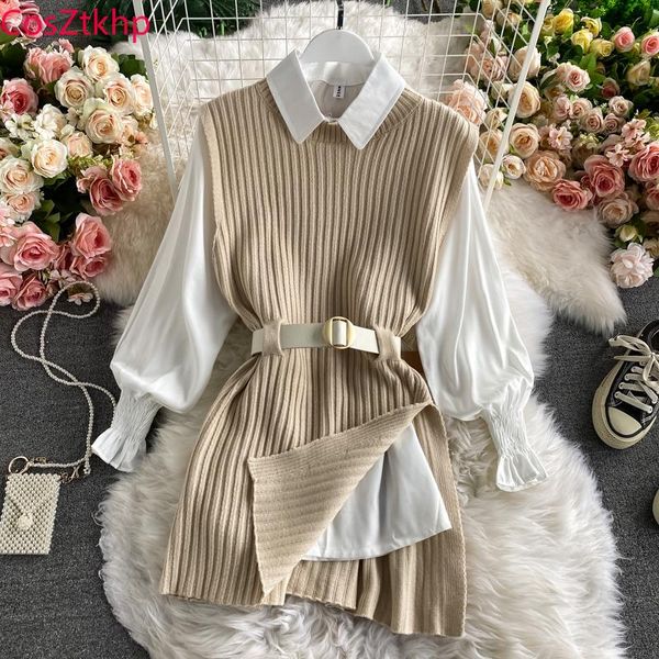 

women's tracksuits 2021 spring autumn lantern sleeve shirt knitted vest two piece sets of college style waistband uk911, Gray