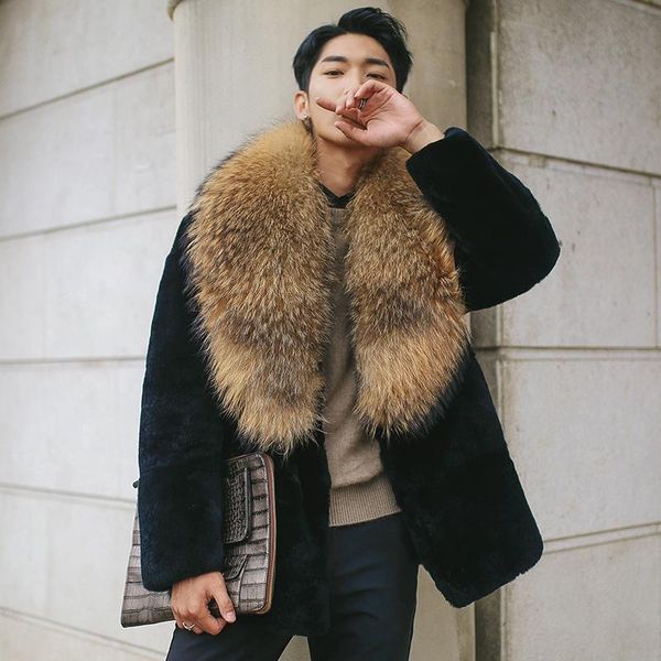 

men's leather & faux natural rex fur coat men winter jacket big raccoon collar real genuine jackets lw-16122 kj3332, Black