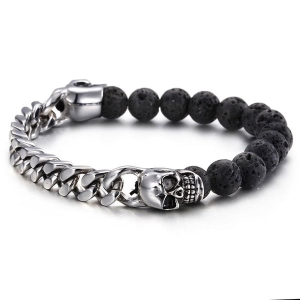 

beaded, strands haolynjoy lava beads bracelet men punk stainless steel gols black skull charm strand wristband jewelry