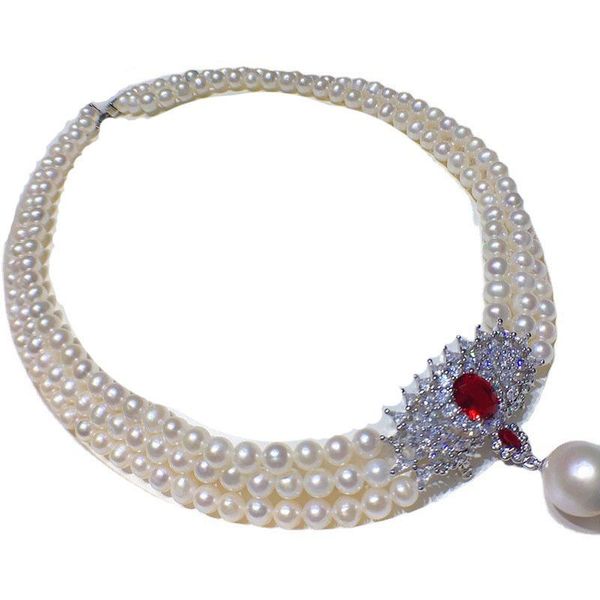 

pendant necklaces habitoo 3 strands 6-7mm white natural cultured freshwater pearl necklace 18inches cz red gem design jewelry for women, Silver