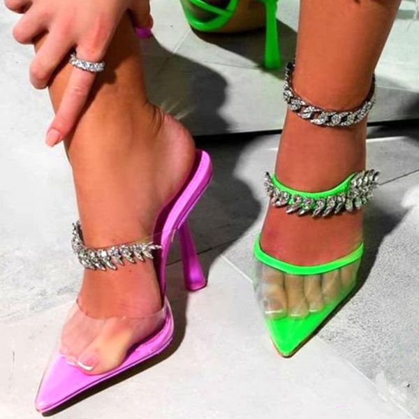 

sandals 2021 high heels crystals pointed toe party prom ladies trendy brand summer slipper mules women shoes plus size 42, Black