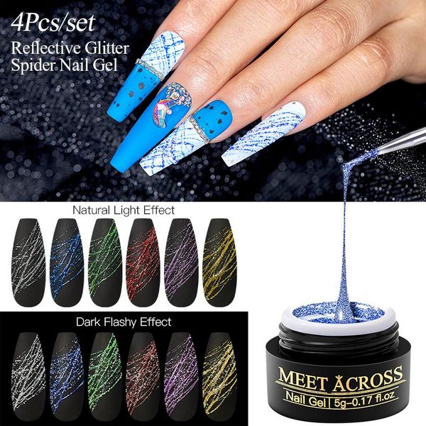 

nail gel meet across 4pcs reflective drawing polish set art spider painting semi-permanent uv decal, Red;pink