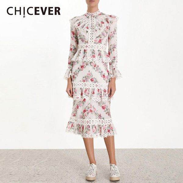 

casual dresses chicever autumn hollow out print female dress clothes stand collar flare sleeve high waist ruffles a line women fashion, Black;gray