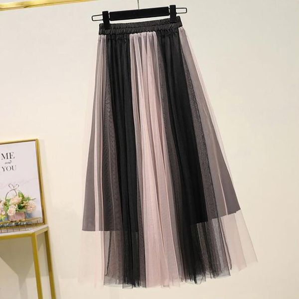 

skirts women mesh skirt casual street maxi spring summer pleated multi colors fashion flared elastic high waist long, Black