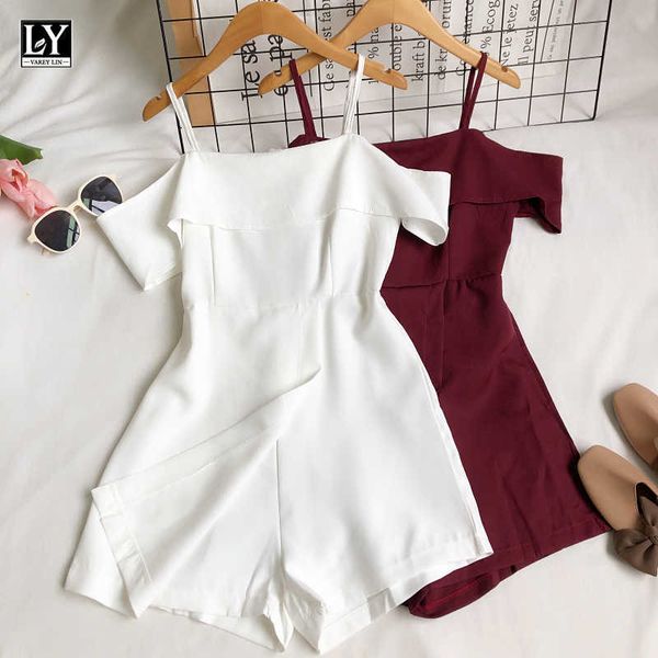 

ly varey lin summer women casual solid color suspender jumpsuits straight shoulder fake two high waist leg shorts jumpsuit 210526, Black;white