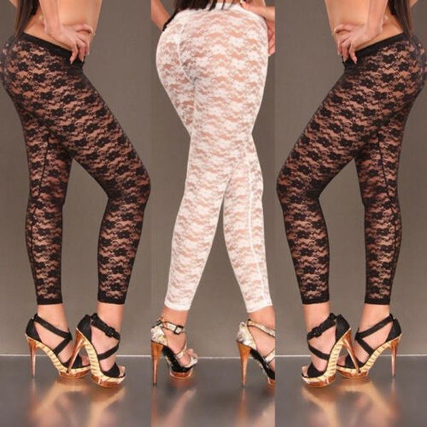 

women's leggings women floral print stylish skinny lace hollow out see-through elastic bodycon black white trousers
