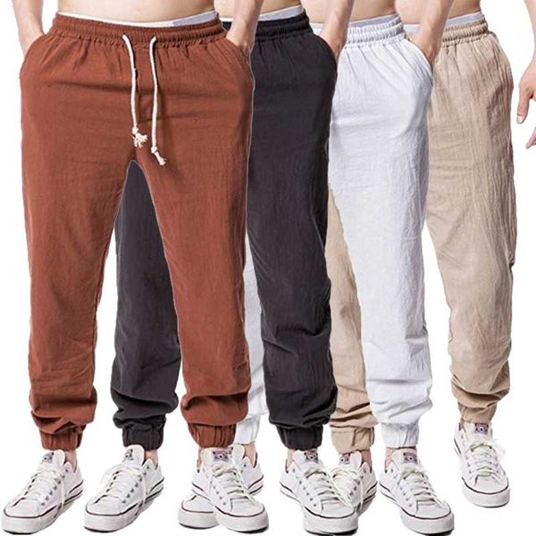 

ew stylish 2021 hip hop training breathing linens casual sport tethered foot joggers men broek, Black