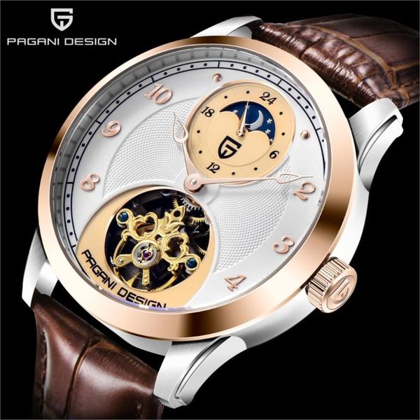 

2021 pagani design new luxury fashion men's automatic mechanical watch clalendar moon phase sapphire glass stainless steel clock, Slivery;brown